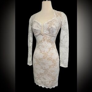 Bebe White Ivory Lace Mini Dress Long Sleeve Illusion Lining Women’s XS -NEW
